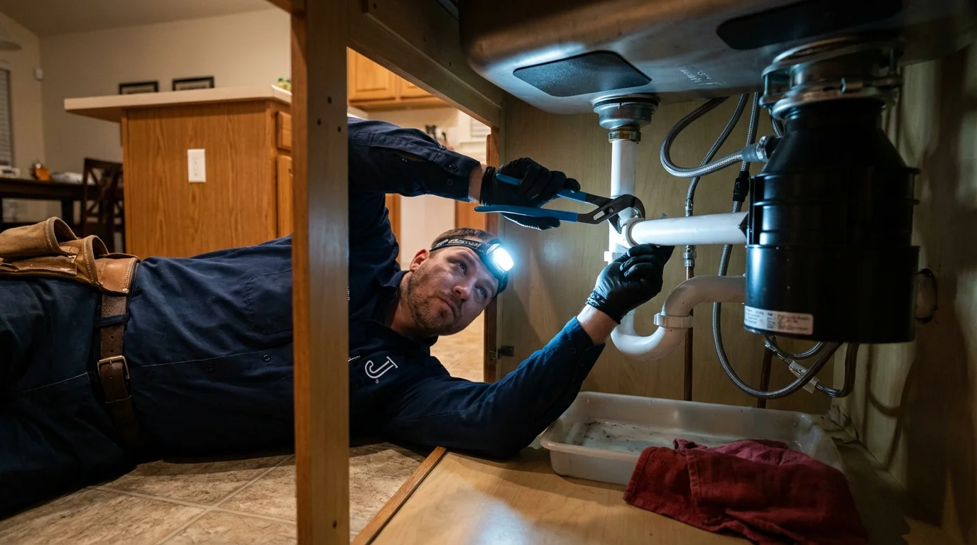 P-trap and supply line connections under a kitchen sink showing a common leak point in Cortez, CO